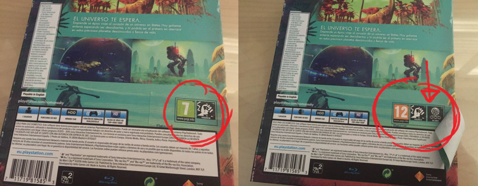 A sticker removed from No Man Sky's packaging, covering the game's multiplayer designation.